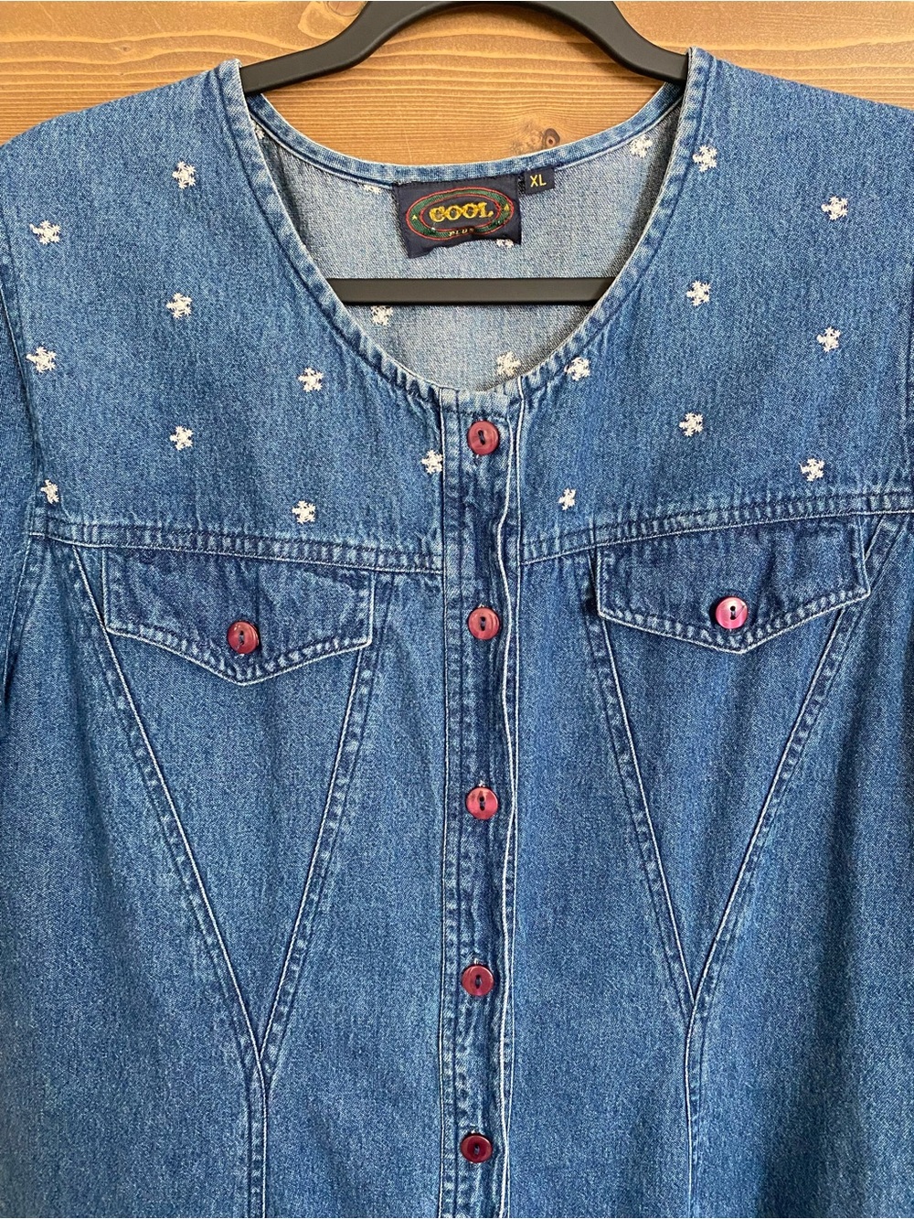 VTG 90s 100% Cotton Cool Plus Denim Button Front Midi Dress Embroidered XL Y2K - Picture 4 of 16